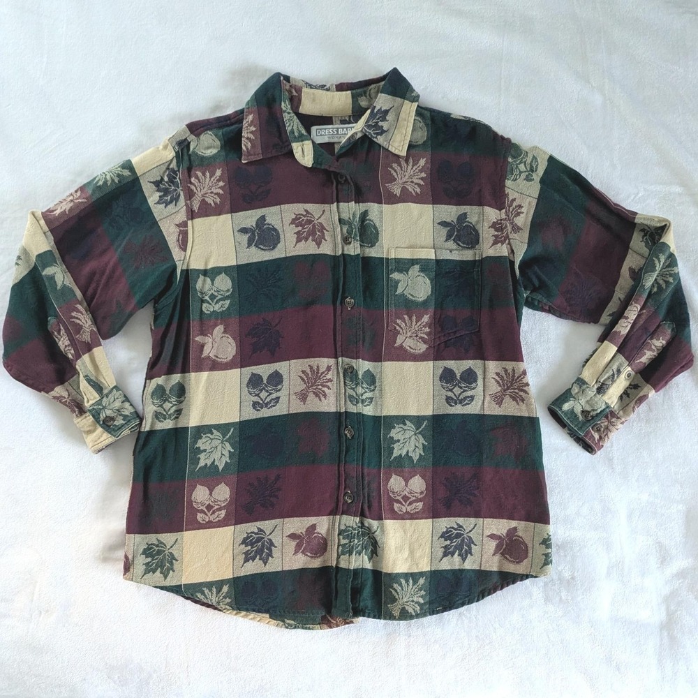 Vtg Button Up Shirt Fruit Leaf Tapestry Plaid Patchwork Fits Sz L Cottagecore
